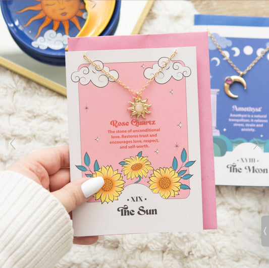 The Sun Celestial Rose Quartz Necklace Card