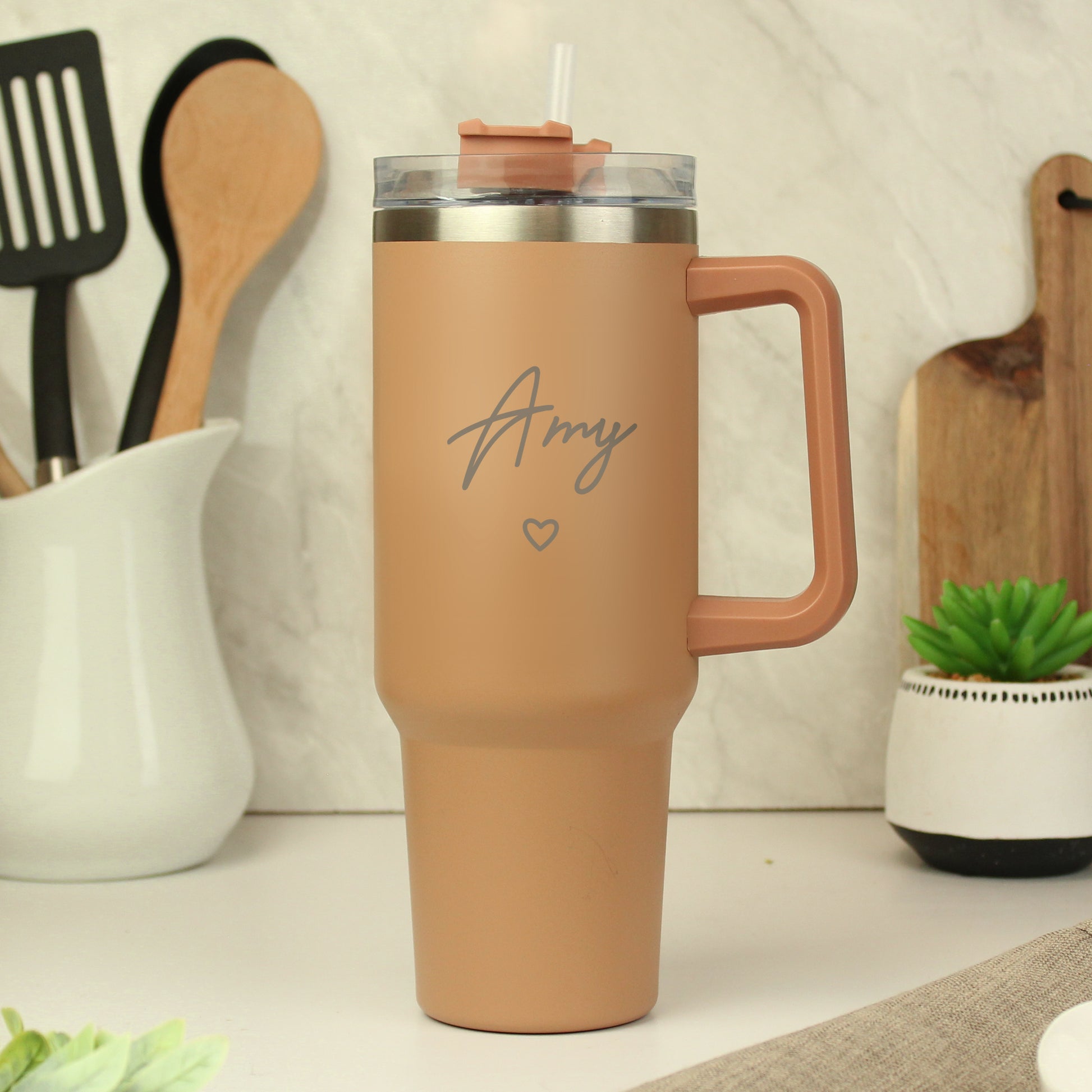 Personalised Large Name Heart 40oz Double Wall Insulated Travel Cup - Brown 