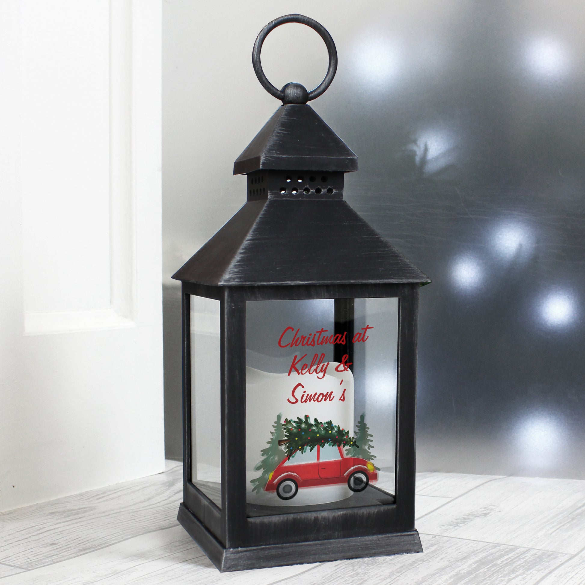 Personalised Driving Home For Christmas Rustic Black Lantern