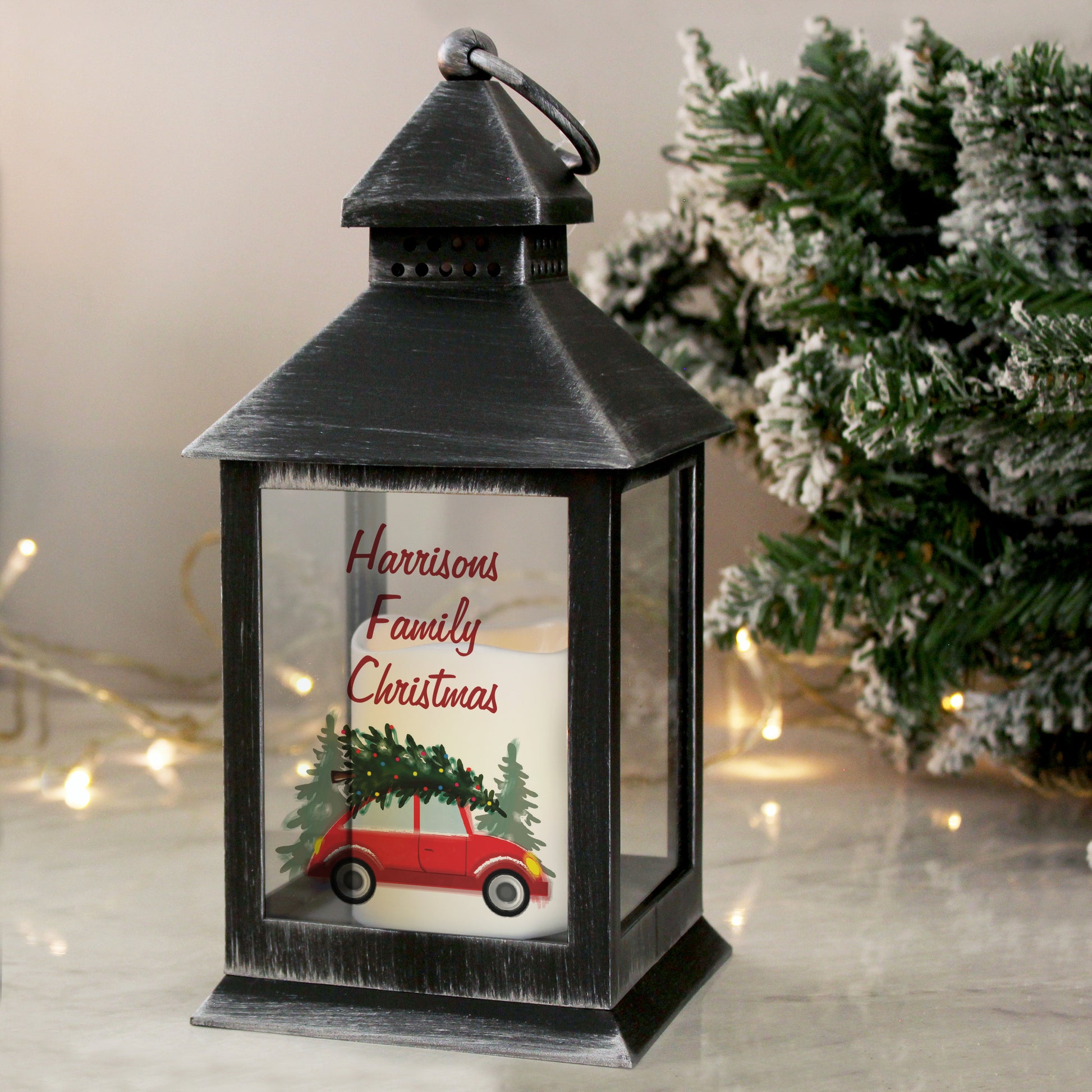 Personalised Driving Home For Christmas Rustic Black Lantern