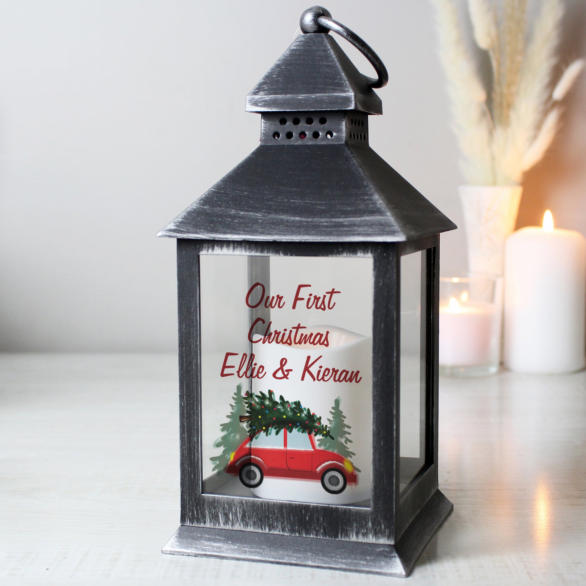 Personalised Driving Home For Christmas Rustic Black Lantern