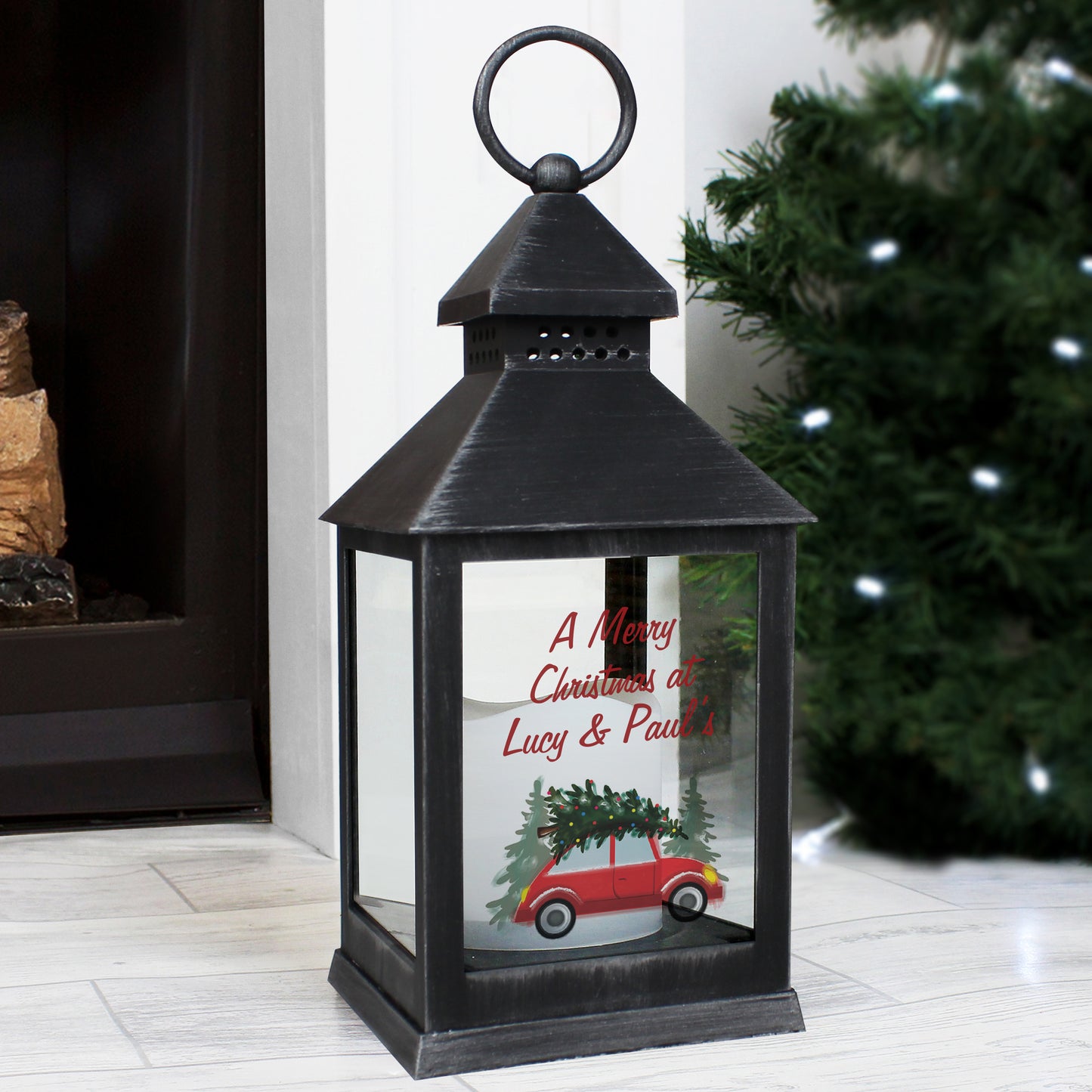 Personalised Driving Home For Christmas Rustic Black Lantern