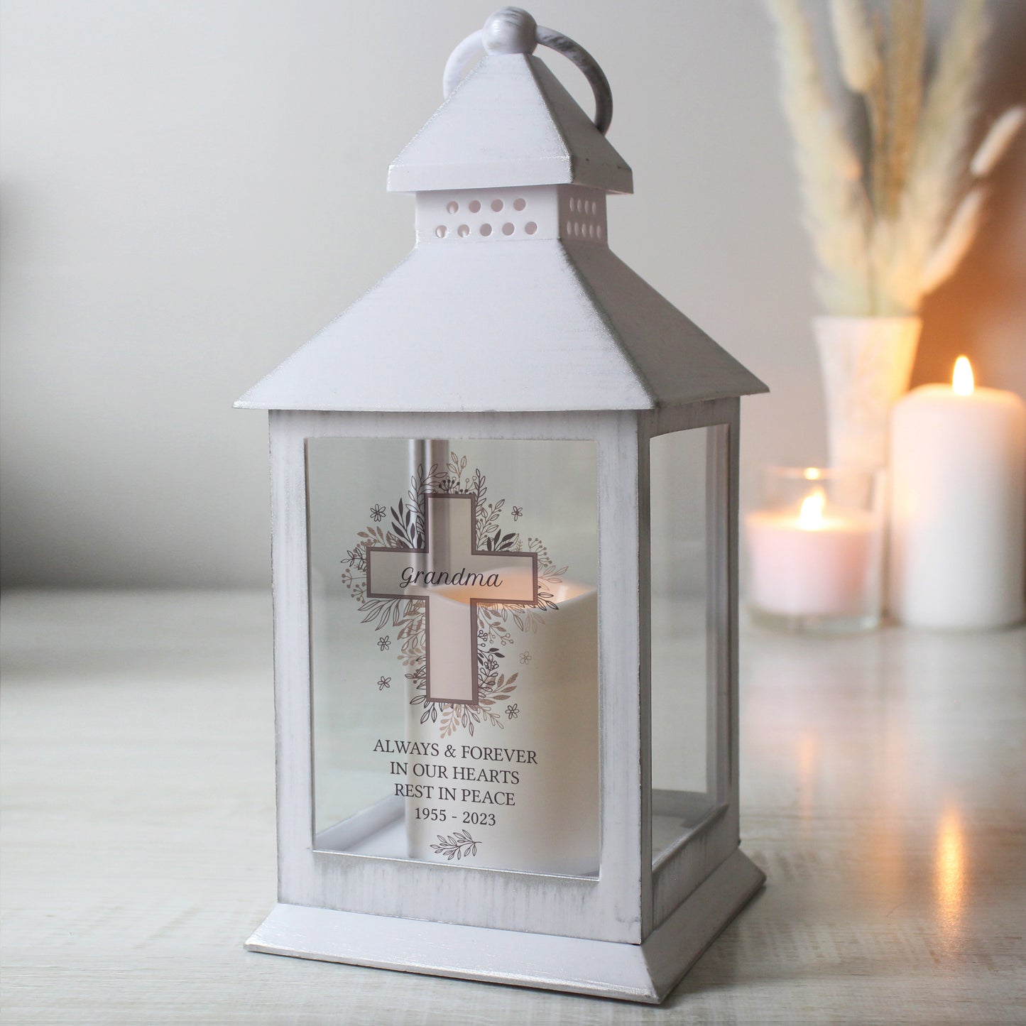 Personalised Floral Cross Memorial White Lantern