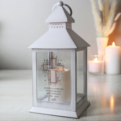 Personalised Floral Cross Memorial White Lantern