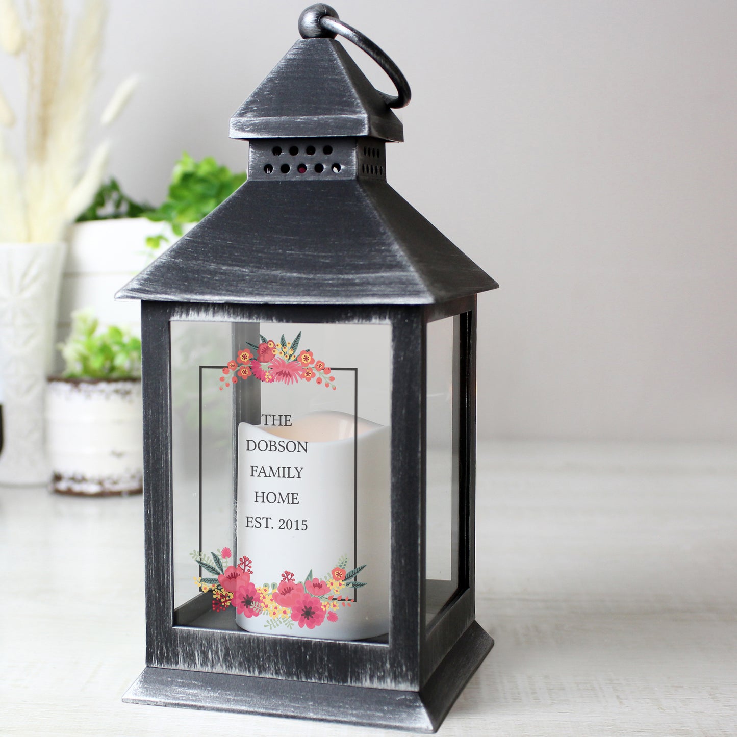 Personalised Floral Rustic Black Lantern