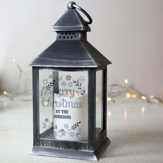 Personalised Merry Christmas Frost Rustic Black Lantern