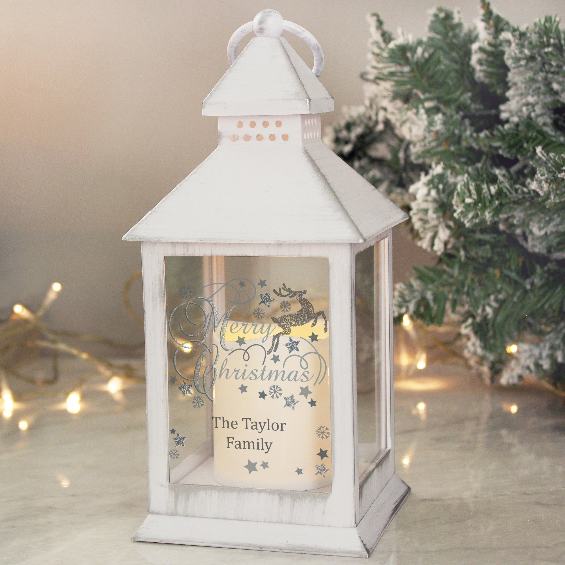 Personalised Merry Christmas Reindeer White Lantern