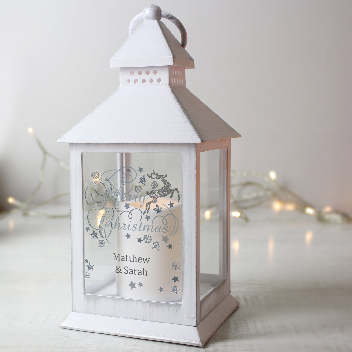 Personalised Merry Christmas Reindeer White Lantern