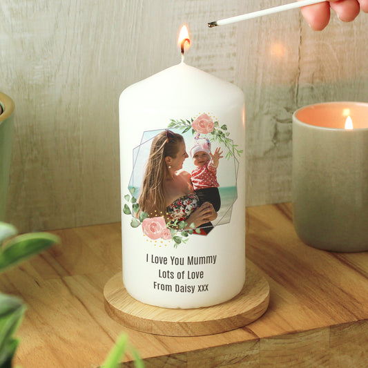 Personalised Floral Abstract Photo Upload Pillar Candle