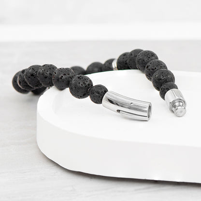 Personalised Men's Silver Lion Black Beaded Bracelet