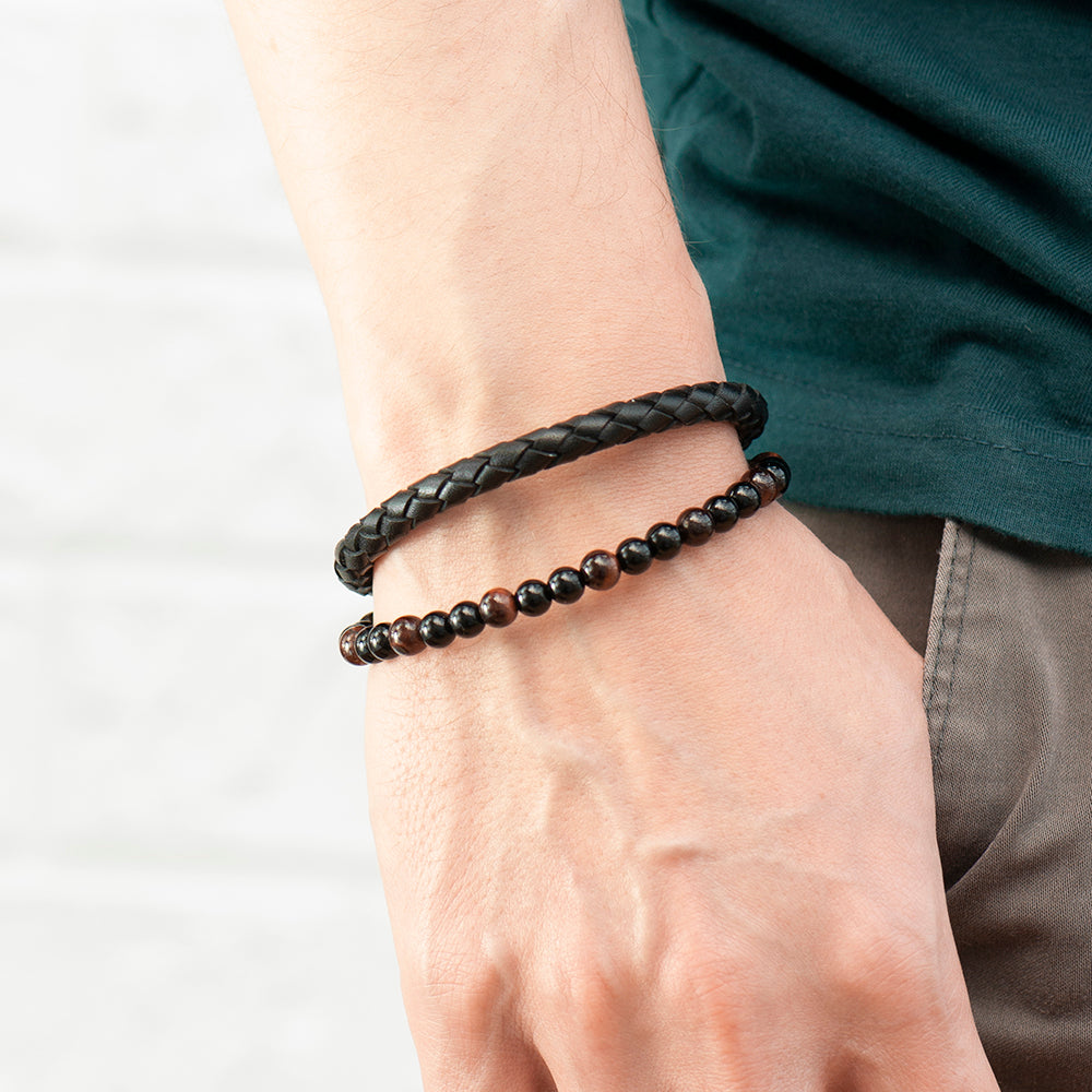 Personalised Men's Tigers Eye Leather and Bead Bracelet