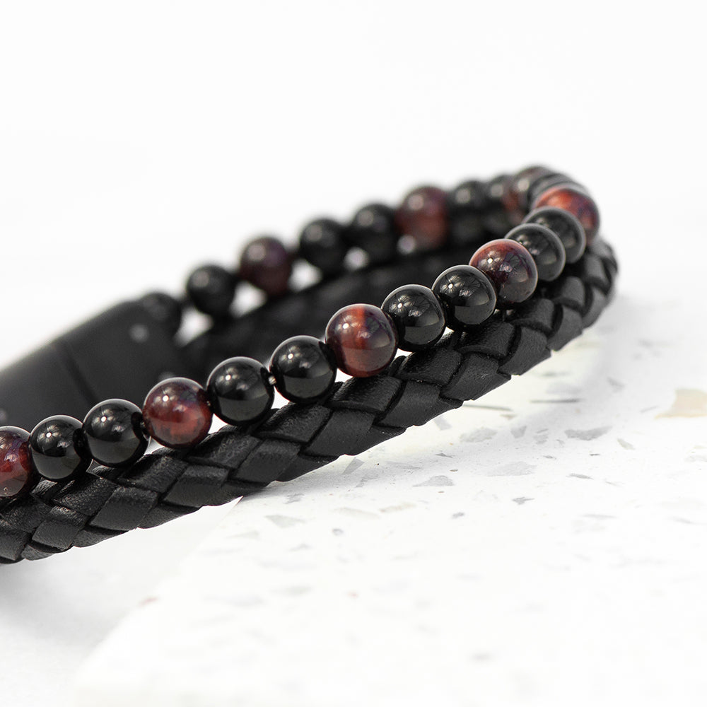 Personalised Men's Tigers Eye Leather and Bead Bracelet