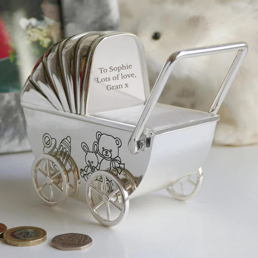 Personalised Silver Plated Pram Money Box