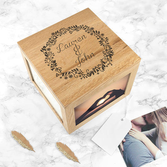 Personalised Couples' Oak Photo Keepsake Box with Floral Frame