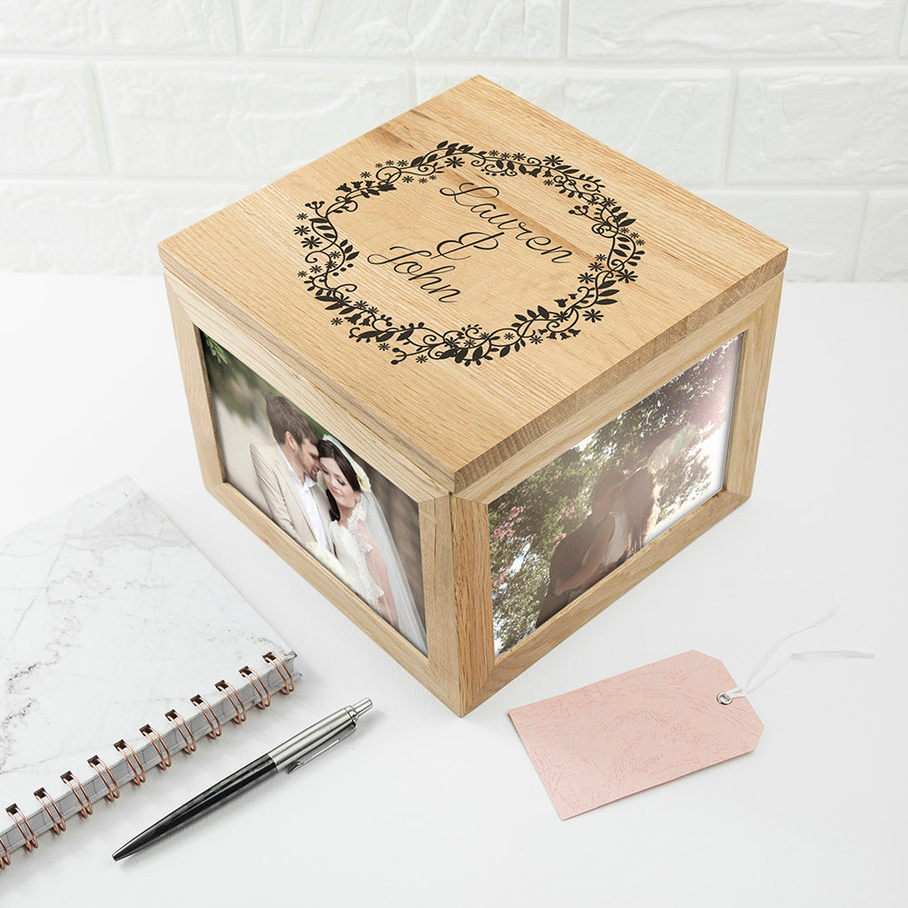 Personalised Couples' Oak Photo Keepsake Box with Floral Frame