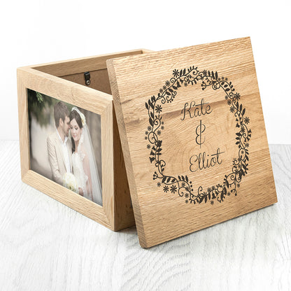 Personalised Couples' Oak Photo Keepsake Box with Floral Frame