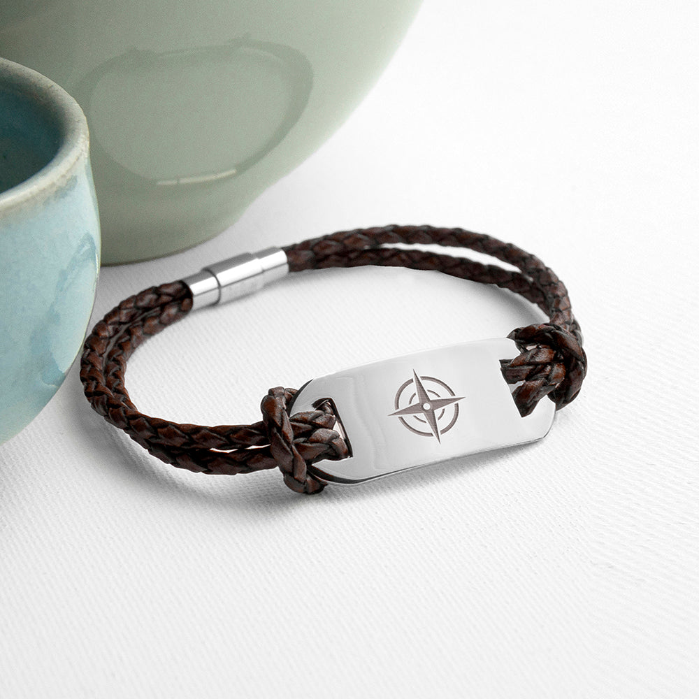 Personalised Men's Travel Compass Statement Leather Bracelet