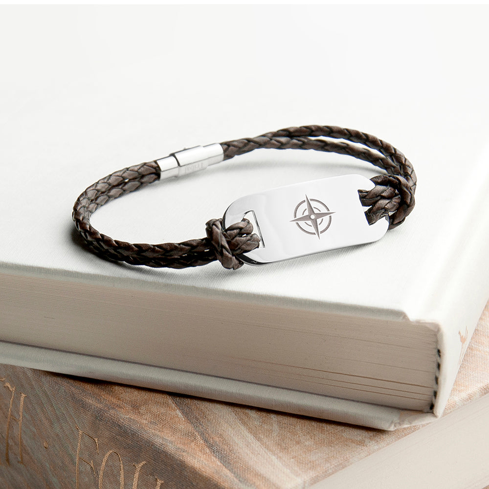 Personalised Men's Travel Compass Statement Leather Bracelet