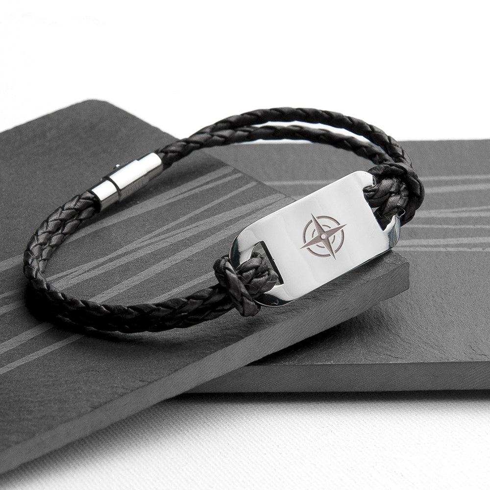 Personalised Men's Travel Compass Statement Leather Bracelet