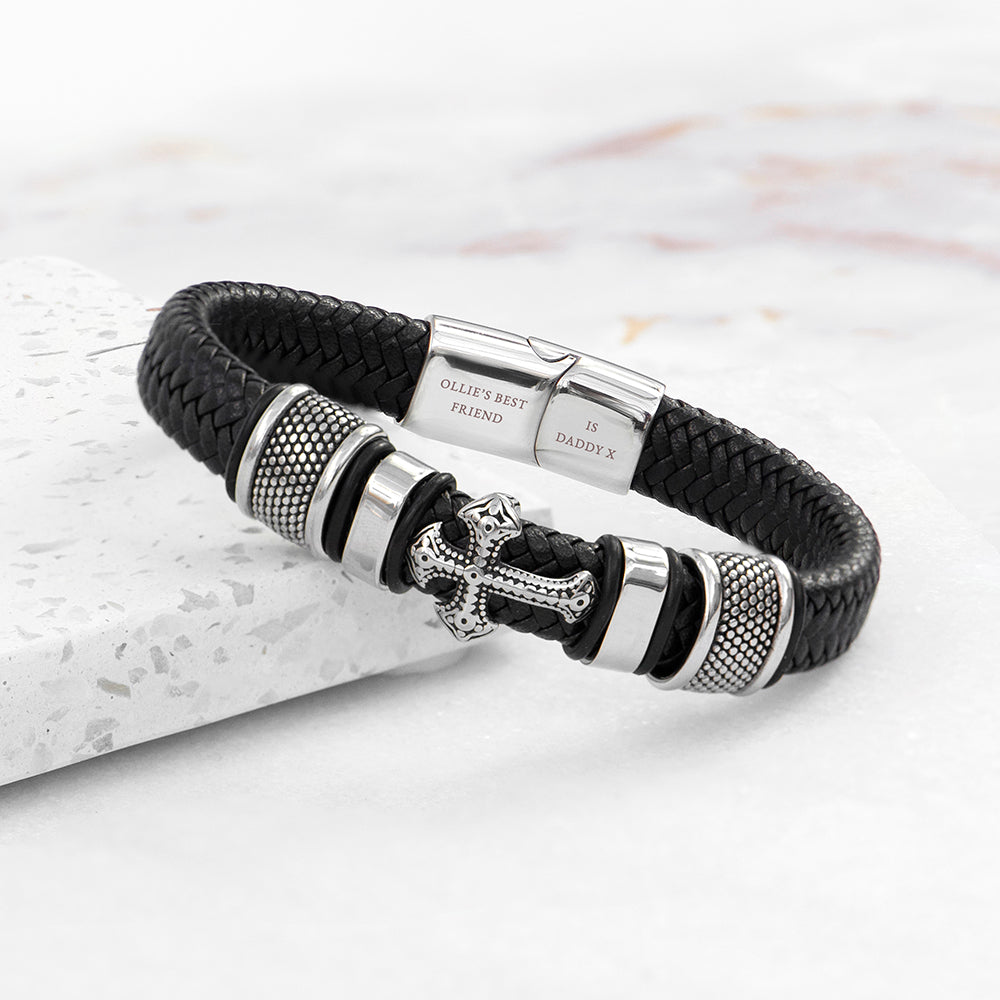 Personalised Men's Gothic Cross Leather Bracelet