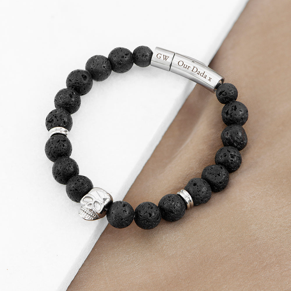 Personalised Men's Silver Skull Beaded Bracelet