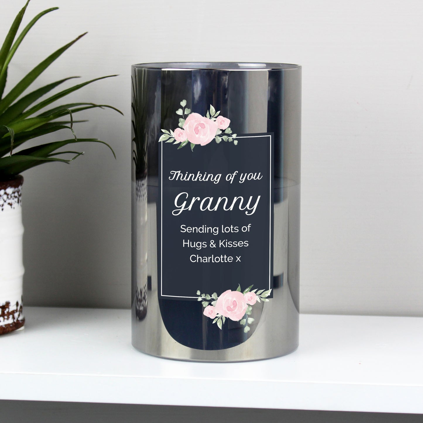 Personalised Floral Smoked Glass LED Candle