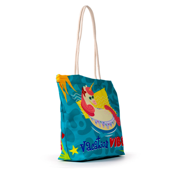 Vacation Vibes Unicorn Canvas Beach Bag