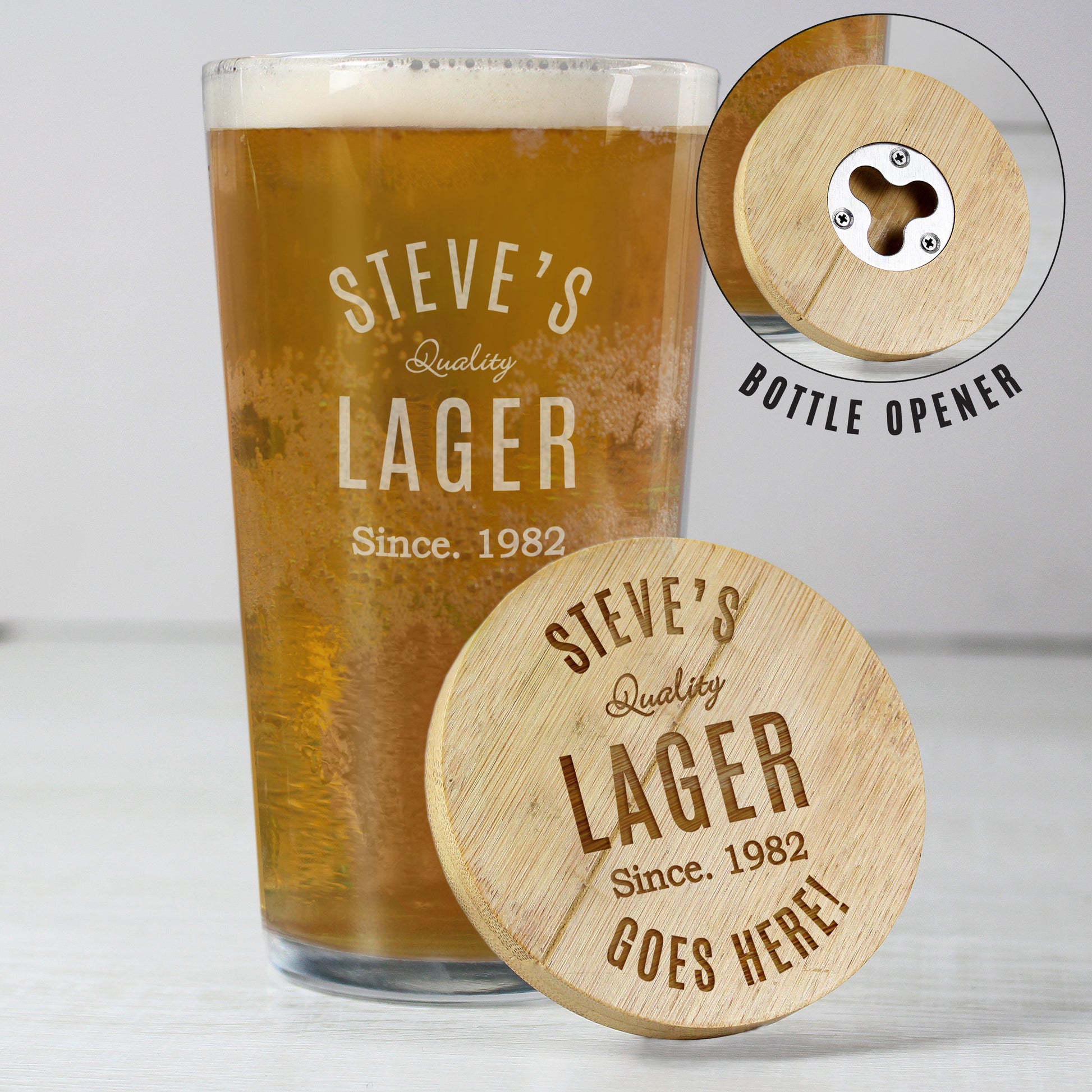 Personalised Custom Bamboo Bottle Opener Coaster and Pint Glass