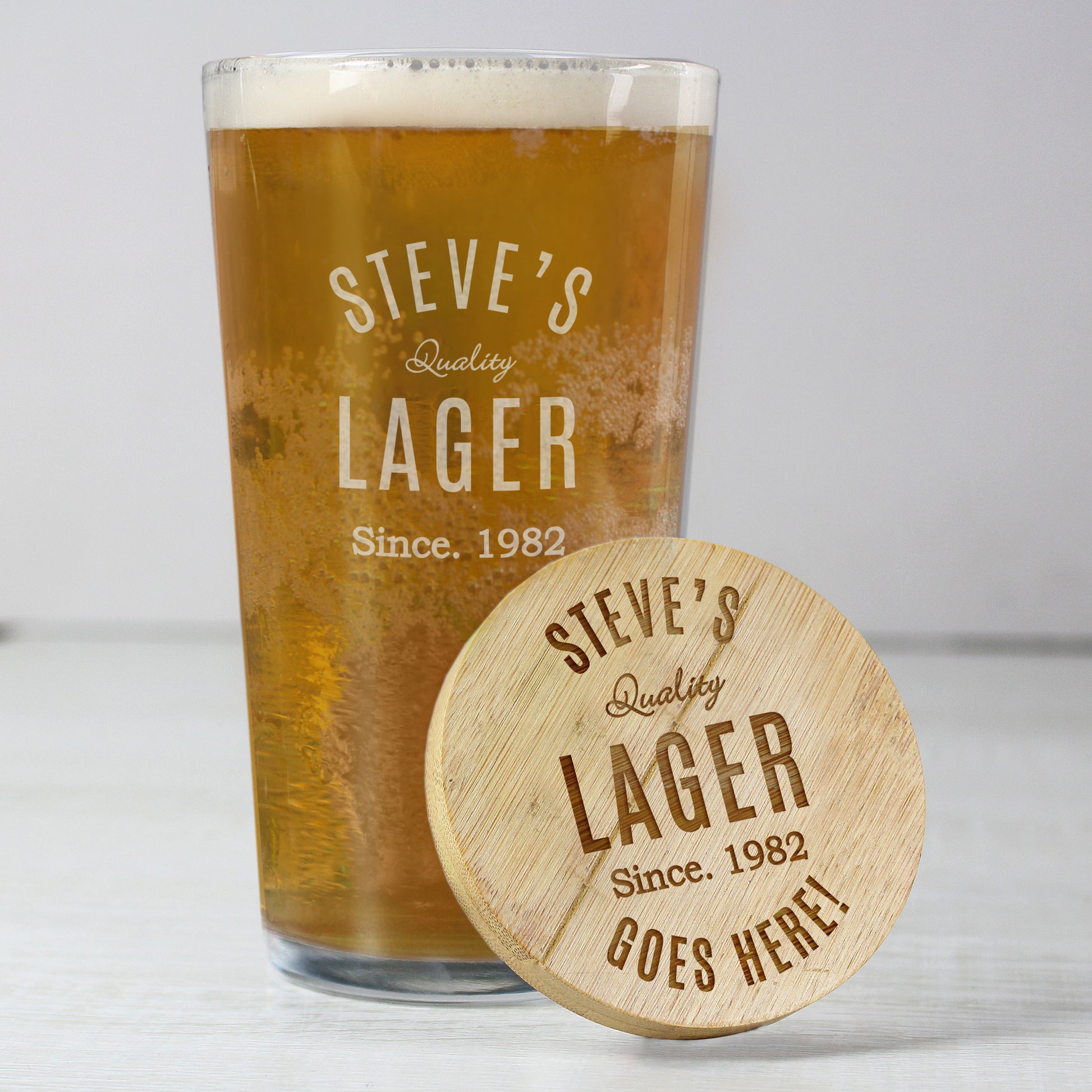 Personalised Custom Bamboo Bottle Opener Coaster and Pint Glass