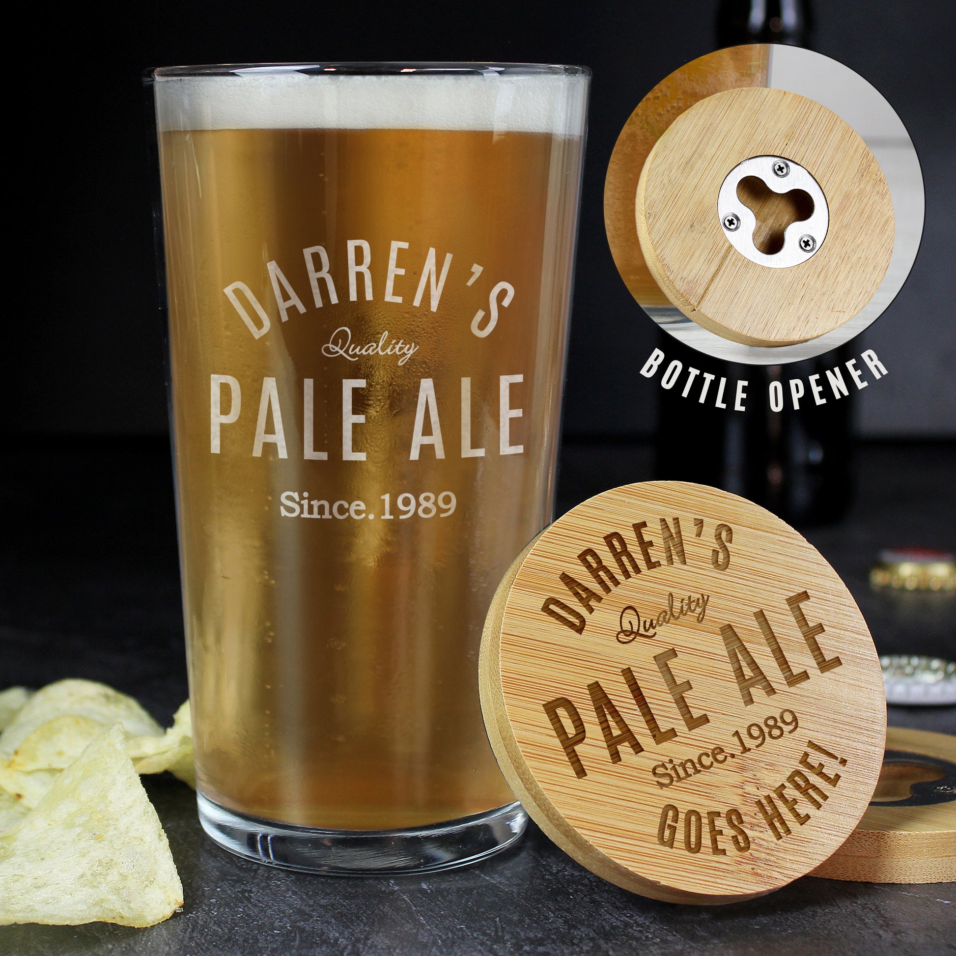 Personalised Custom Bamboo Bottle Opener Coaster and Pint Glass