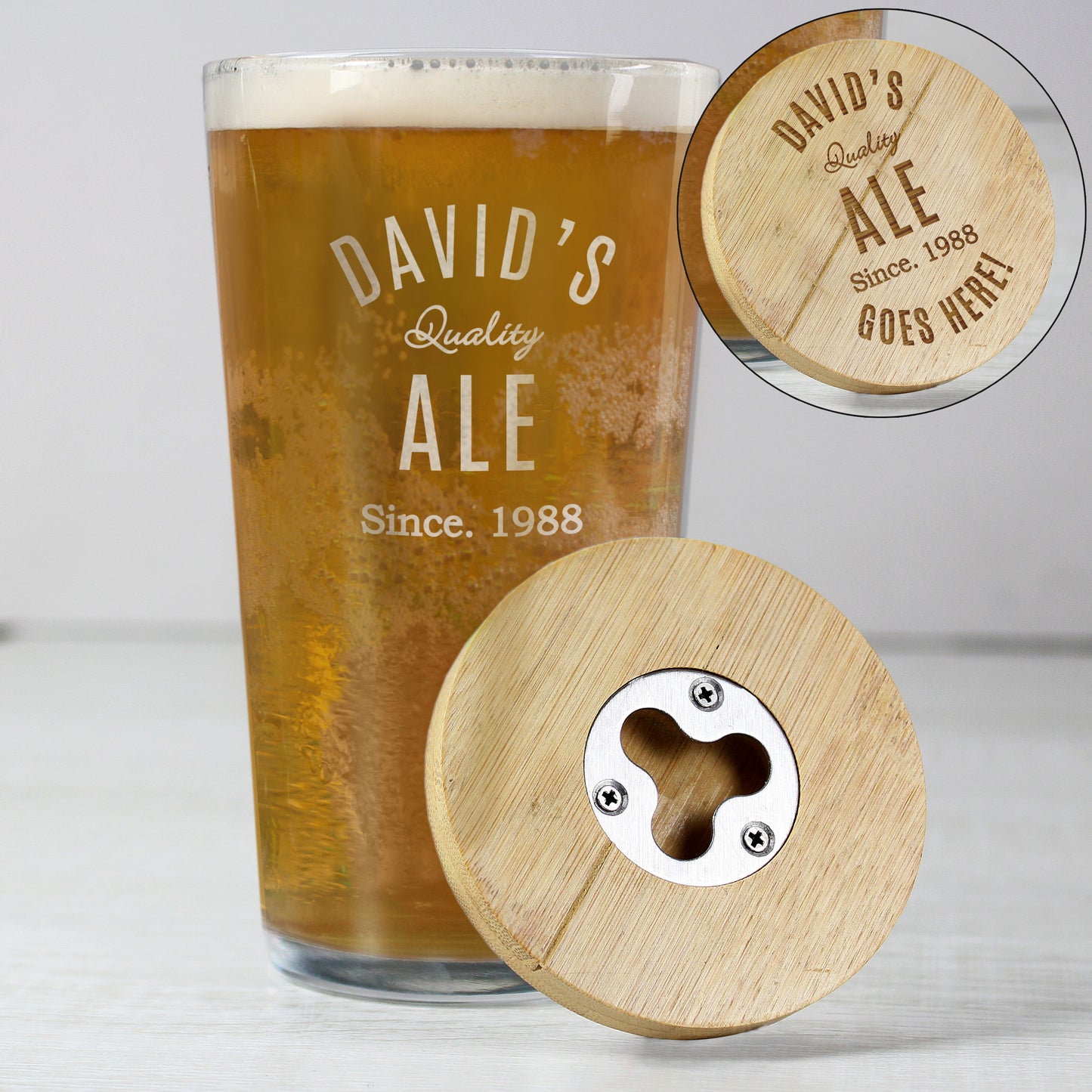 Personalised Custom Bamboo Bottle Opener Coaster and Pint Glass