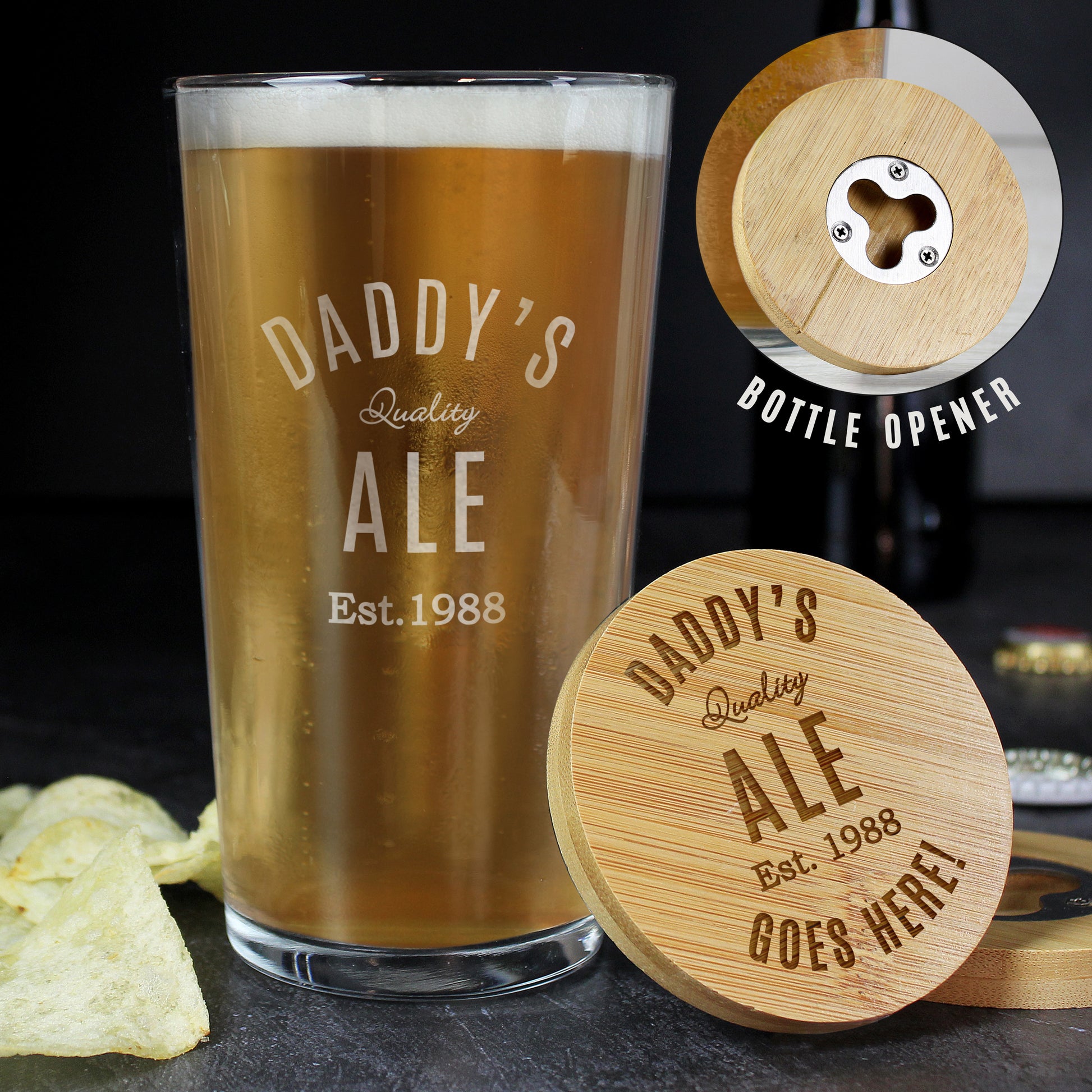 Personalised Custom Bamboo Bottle Opener Coaster and Pint Glass