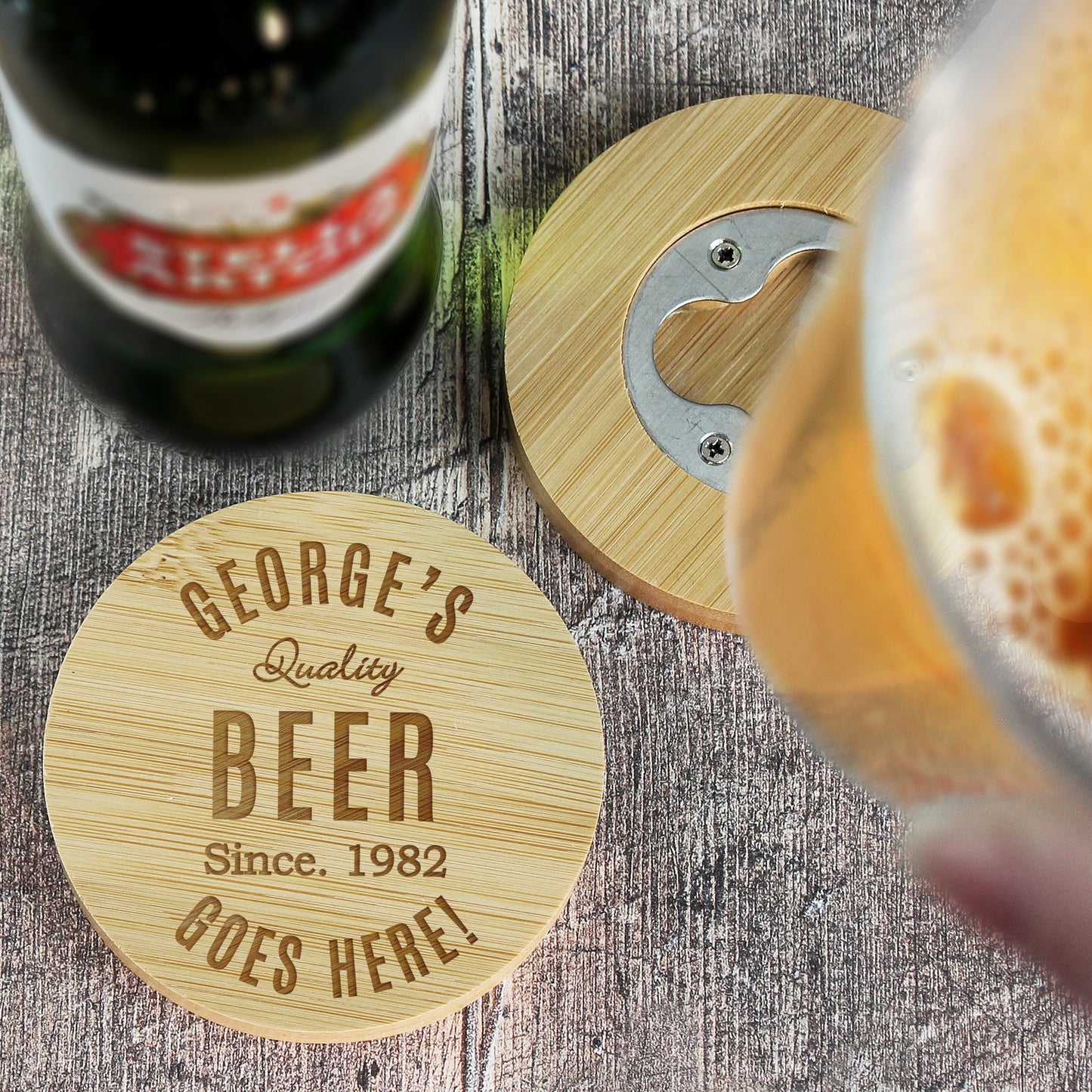 Personalised Custom Bamboo Bottle Opener Coaster and Pint Glass