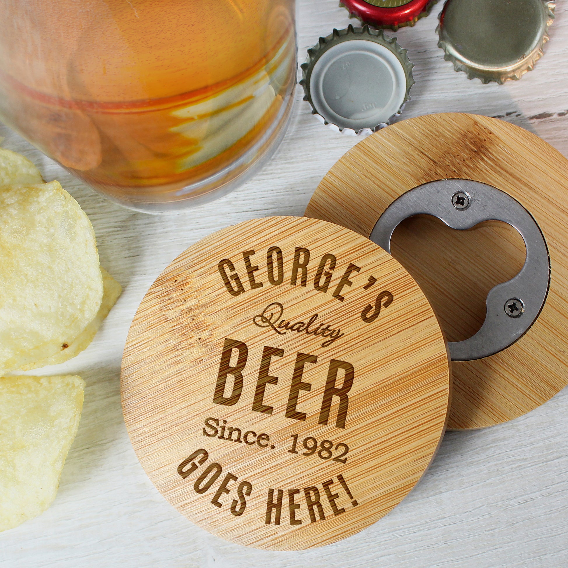 Personalised Custom Bamboo Bottle Opener Coaster and Pint Glass