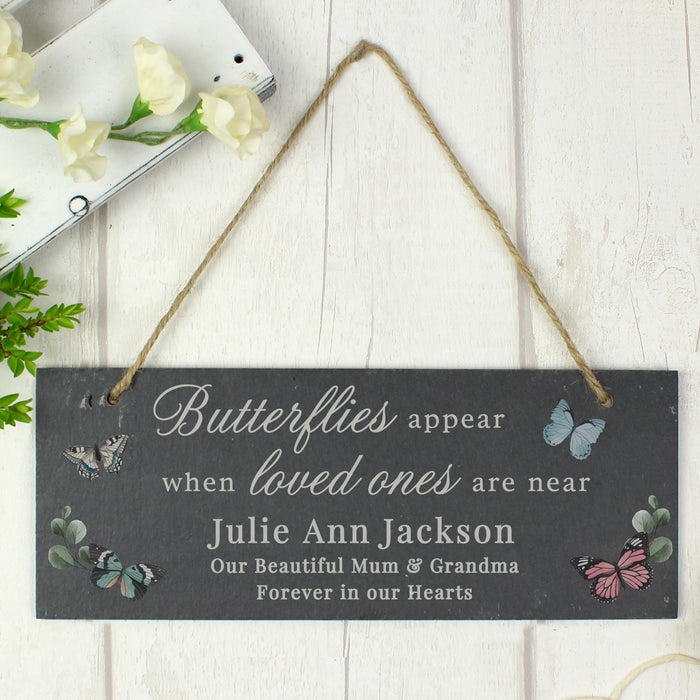 Personalised Memorial Butterflies Appear Slate Hanging Sign Ornament