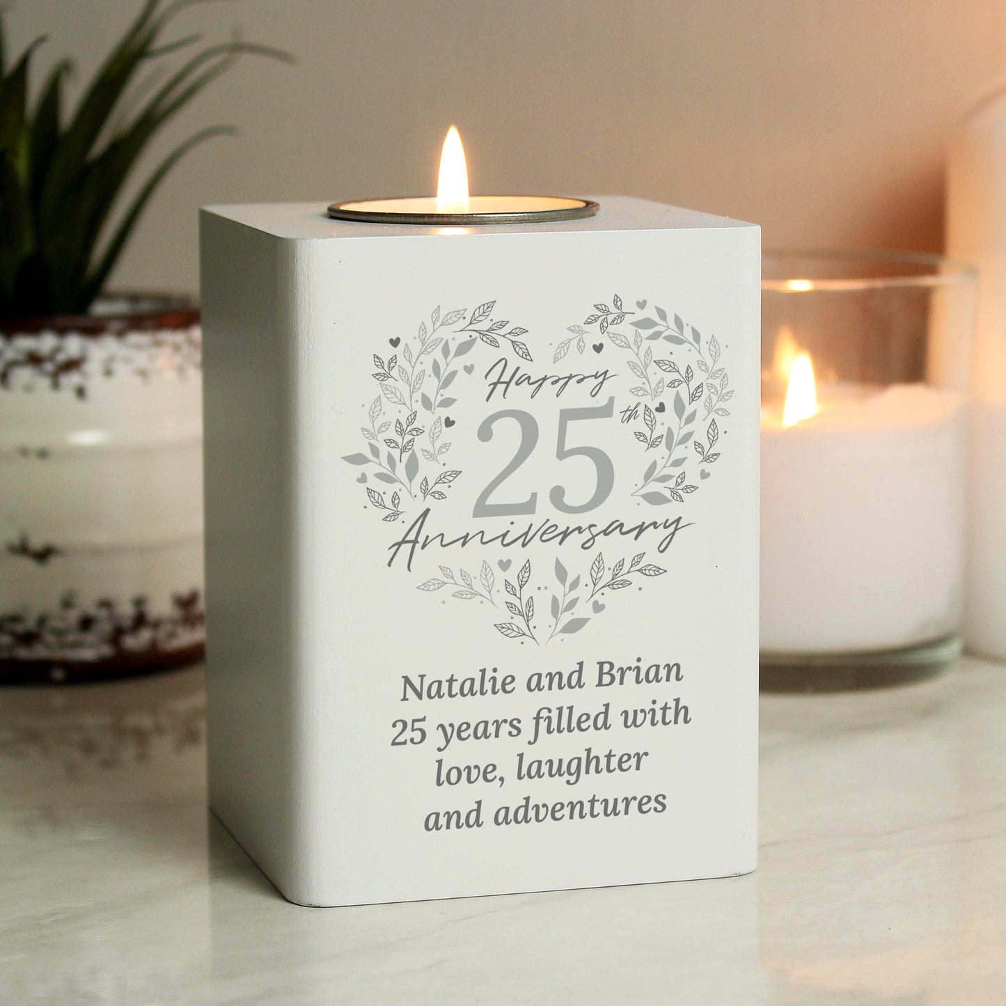 Personalised 25th Silver Wedding Anniversary Tea Light Holder