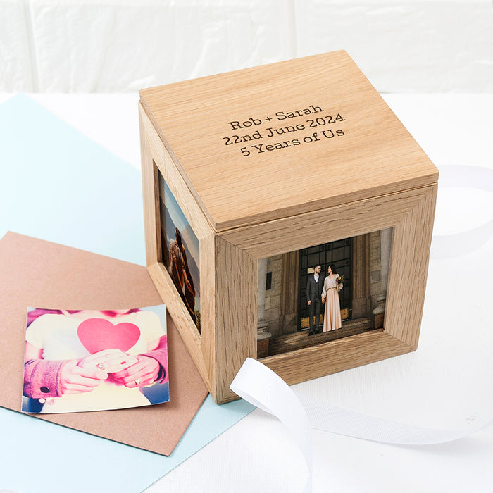 Personalised Oak Photo Frame Cube Keepsake Box