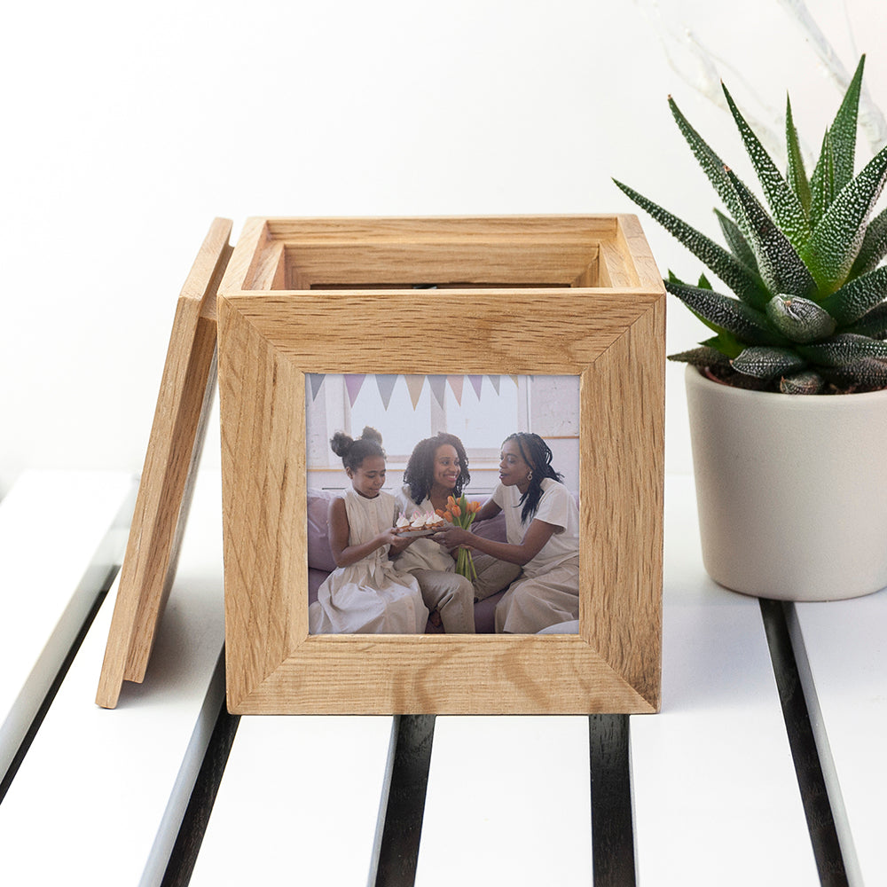 Personalised Oak Photo Frame Cube Keepsake Box