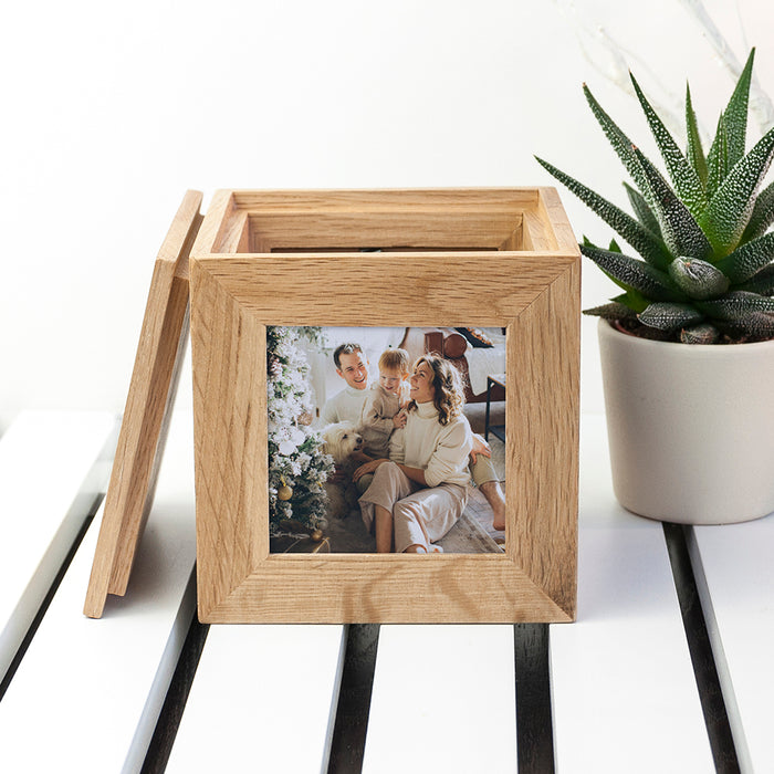 Personalised Oak Photo Frame Cube Keepsake Box