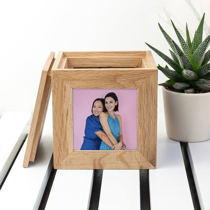 Personalised Oak Photo Frame Cube Keepsake Box