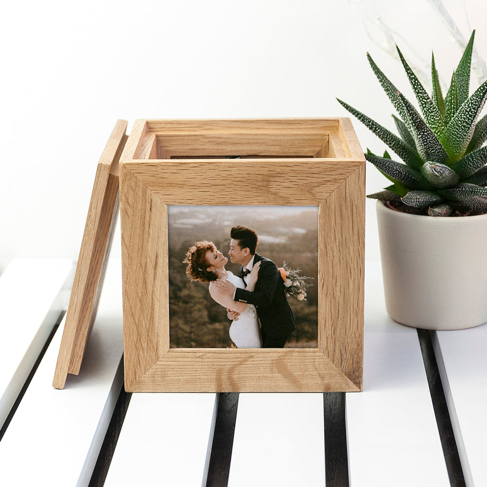 Personalised Oak Photo Frame Cube Keepsake Box