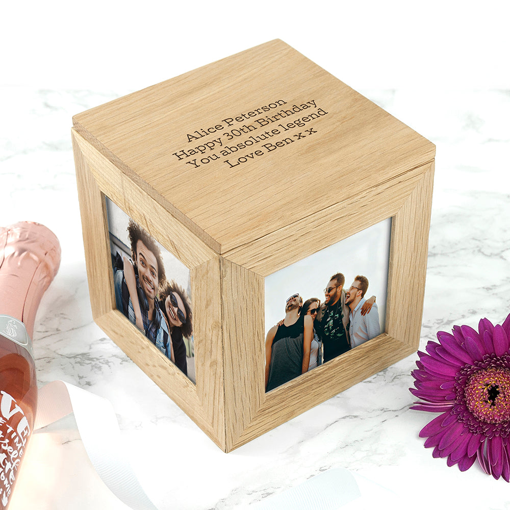 Personalised Oak Photo Frame Cube Keepsake Box