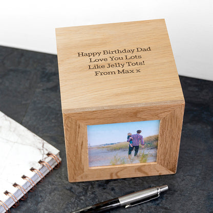 Personalised Oak Photo Frame Cube Keepsake Box