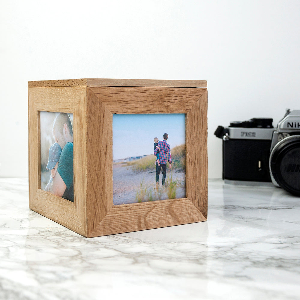 Personalised Oak Photo Frame Cube Keepsake Box