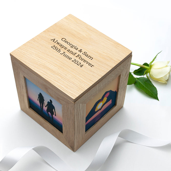 Personalised Oak Photo Frame Cube Keepsake Box