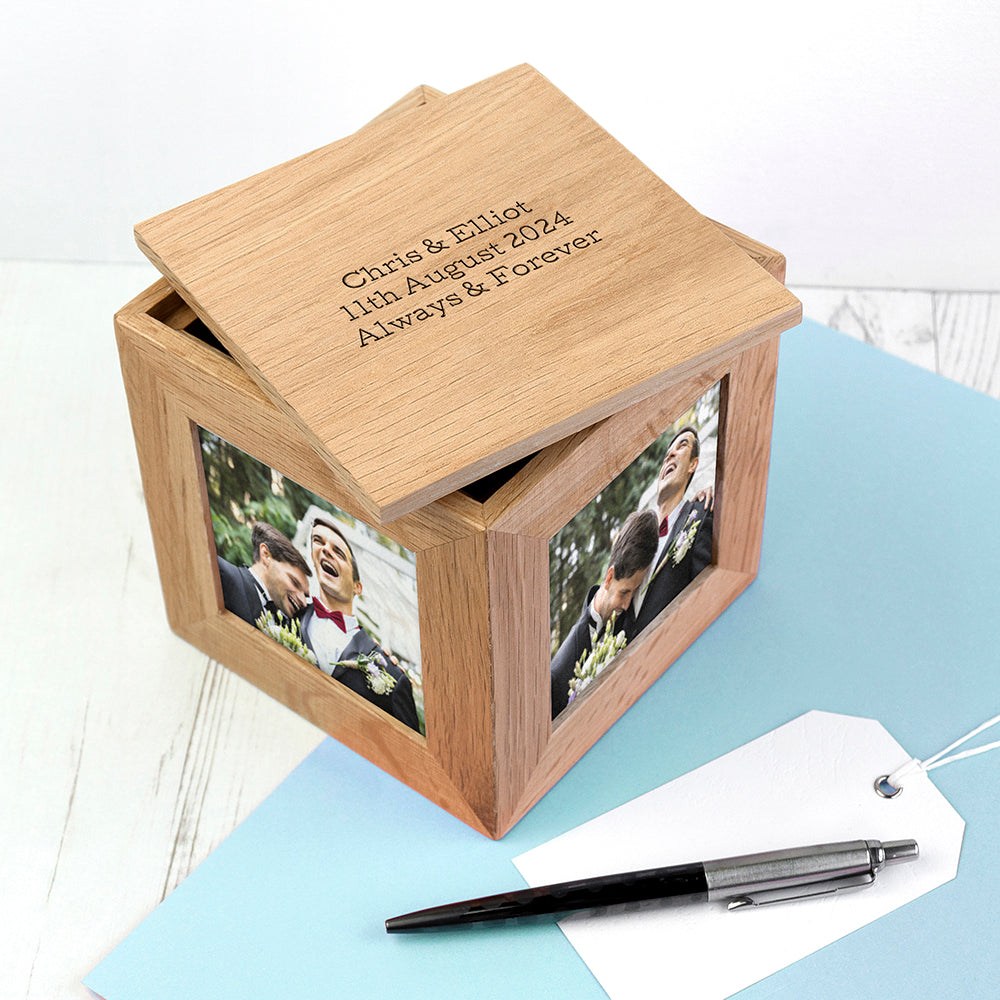 Personalised Oak Photo Frame Cube Keepsake Box