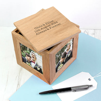 Personalised Oak Photo Frame Cube Keepsake Box