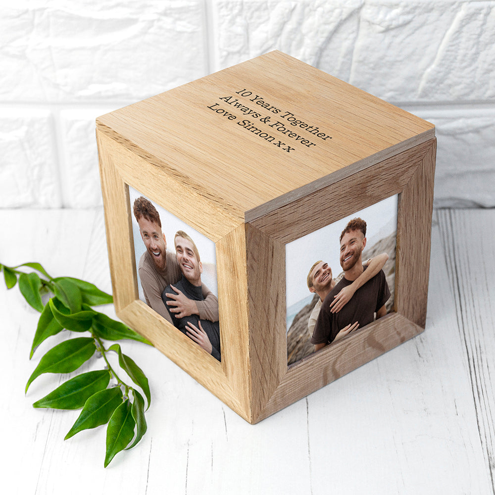 Personalised Oak Photo Frame Cube Keepsake Box