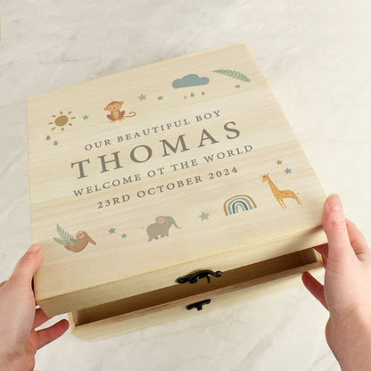 Personalised Safari Animals Large Wooden Keepsake Box