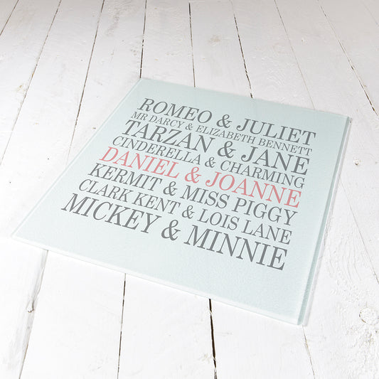 Personalised Famous Couples Glass Chopping Board